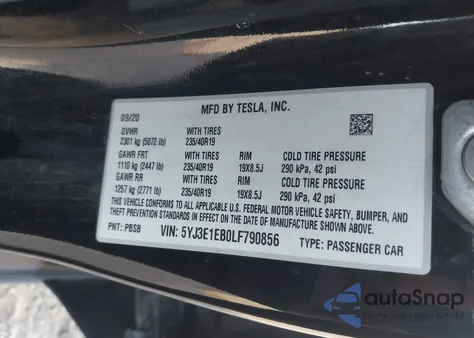 2020 Tesla Model 3 Long Range Dual Motor All-Wheel Drive from USA, damaged, VIN 5YJ3E1EB0LF790856
